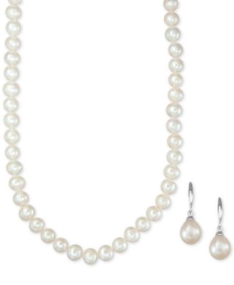 Macy's - Cultured Freshwater Pearl Necklace (7mm) and Drop Earrings (8mm) Set in Sterling Silver