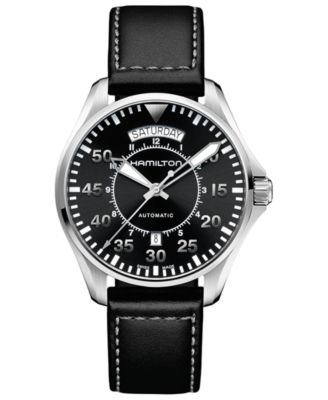 Hamilton - Men's Swiss Automatic Khaki Pilot Black Leather Strap Watch 42mm