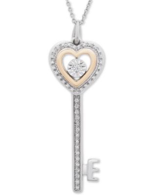 Macy's - Diamond Heart Key 18" Pendant Necklace (1/10 ct. t.w.) in Sterling Silver & 14k Gold-Plate