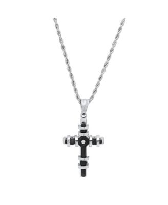 STEELTIME - Men's Two toned Black IP Plated Stainless Steel Cross Pendant with Simulated Diamond