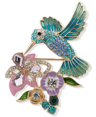 Anne Klein - Gold-Tone Crystal Hummingbird & Flower Pin