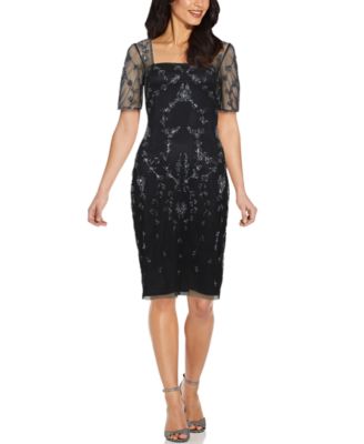 Papell Studio - Mesh-Sleeve Beaded Dress