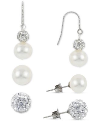Macy's - 3-Pc. Set Cultured Freshwater Pearl (8 & 10mm) & Crystal Stud & Drop Earrings in Sterling Silver
