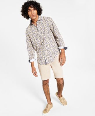 Society of Threads - Men's Slim-Fit Performance Stretch Gold-Floral Long-Sleeve Button-Down Shirt