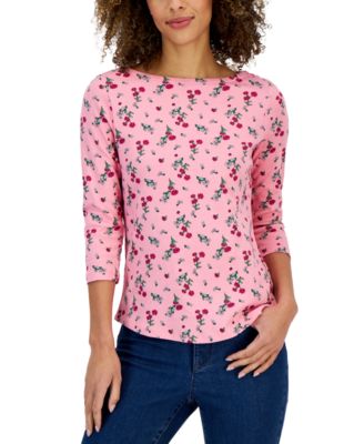Charter Club - Petite Harmony Floral Boat-Neck Button-Trim Top, Created for Macy's