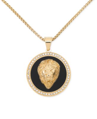 LEGACY for MEN by Simone I. Smith - Black Agate & Crystal Lion Head 24" Pendant Necklace in Gold-Tone Ion-Plated Stainless Steel