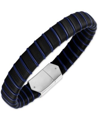 Esquire Men's Jewelry - Woven Black & Blue Leather Bracelet in Sterling Silver