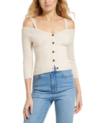 DKNY Jeans - Women's Long-Sleeve Button-Front Cold-Shoulder Sweater