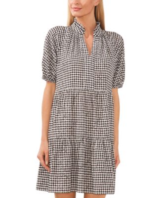 CeCe - Women's Gingham Babydoll Elbow-Sleeve Tiered Dress