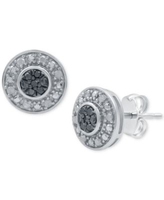 Macy's - Black Diamond (1/20 ct. t.w.) & White Diamond (1/10 ct. t.w.) Halo Cluster Stud Earrings in Sterling Silver