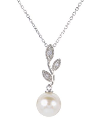 Macy's - Cultured Freshwater Pearl (8mm) & Lab-Created White Sapphire (1/20 ct. t.w.) Vine 18" Pendant Necklace in Sterling Silver