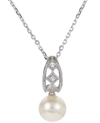 Macy's - Cultured Freshwater Pearl (8mm) & Lab-Created White Sapphire (1/20 ct. t.w.) 18" Pendant Necklace in Sterling Silver