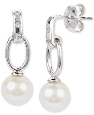Macy's - Cultured Freshwater Pearl (6-1/2mm) & Lab-Created White Sapphire Accent Drop Earrings in Sterling Silver