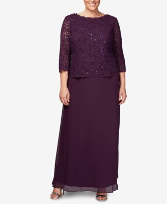 Alex Evenings - Plus Size Three-Quarter-Sleeve Sequined Lace Gown