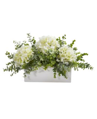 Nearly Natural - 15in. Hydrangea and Eucalyptus Artificial Arrangement in White Vase