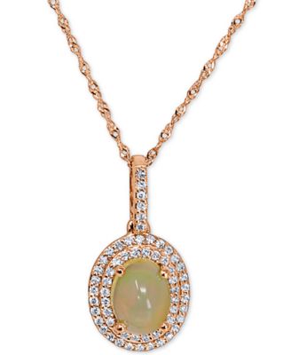 Macy's - Opal (3/4 ct. t.w.) & Diamond (1/5 ct. t.w.) Oval Halo 18" Pendant Necklace in 14k Gold