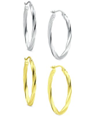 Macy's - 2-Pc. Set Twisted Small Hoop Earrings in Sterling Silver & 18k Gold-Plate, 20mm