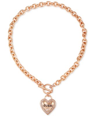 GUESS - Crystal Logo Heart Pendant 17" Toggle Necklace