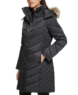 Kenneth Cole - Petite Faux-Fur-Trim Hooded Puffer Coat
