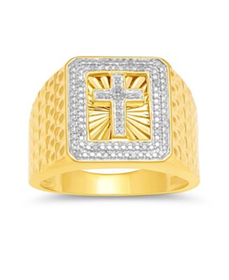 Macy's - Men's Diamond Cross Ring (1/10 ct. t.w.) in 18k Gold-Plated Sterling Silver
