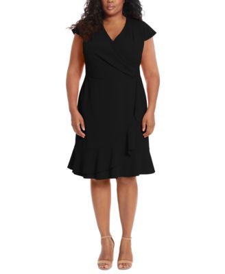 London Times - Plus Size Pleated Flounce Surplice Dress