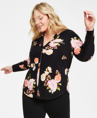 I.N.C. International Concepts - Plus Size Split-Neck Floral-Print Top