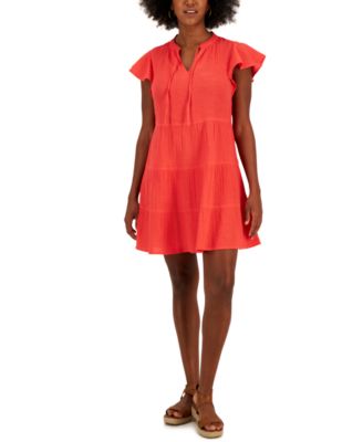 Style & Co - Women's Cotton Gauze Tie-Neck Tiered Dress