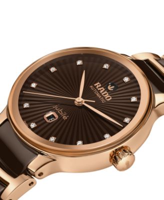 Rado - Women's Swiss Automatic Centrix Diamond (1/20 ct. t.w.) Brown High-Tech Ceramic & Rose Gold PVD Stainless Steel Bracelet Watch