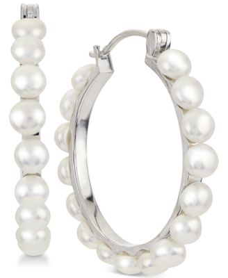 Macy's - Cultured Button Freshwater Pearl (4-5mm) Hoop Earrings in Sterling Silver
