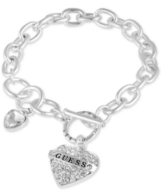 GUESS - Silver-Tone Crystal Logo Heart Charm Link Bracelet