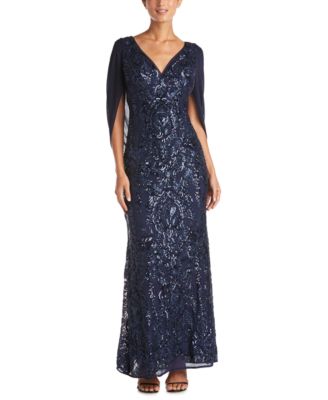 R & M Richards - Sequin Drape-Back Cape Gown