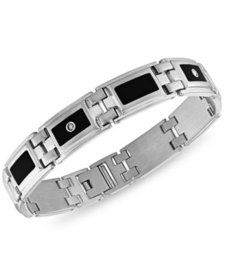 Macy's - Men's Diamond (1/8 ct. t.w.) & Black Enamel Bracelet in Stainless Steel