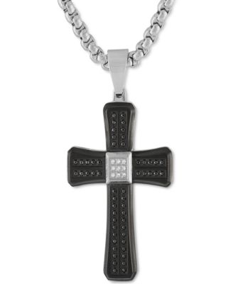 Macy's - Black & White Diamond Cross 22" Pendant Necklace (3/8 ct. t.w.) in Stainless Steel & Black Ion-Plate