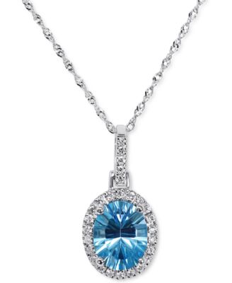 Macy's - Blue Topaz (2-1/5 ct. t.w.) & Diamond (1/6 ct. t.w.) Oval Halo Pendant Necklace in 14k White Gold, 16" + 2" extender