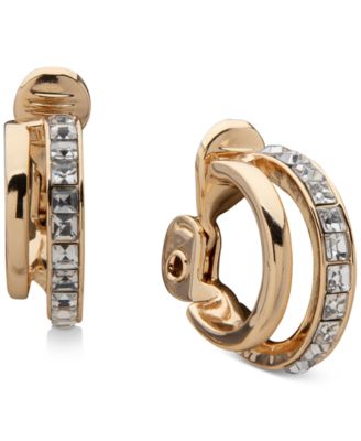 Anne Klein - Gold-Tone Small Square Crystal Double-Row Clip-On Hoop Earrings, 0.68"
