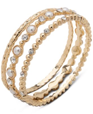Anne Klein - Gold-Tone 3-Pc. Set Crystal & Imitation Pearl Bangle Bracelets