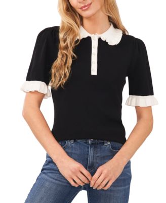 CeCe - Women's Cotton Ruffle-Collar Short-Sleeve Top