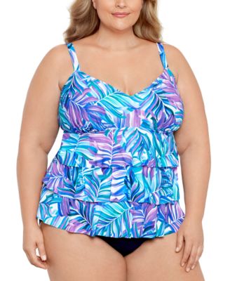 Swim Solutions - Plus Size Tummy Control Printed Fauxkini One-Piece Swimsuit
