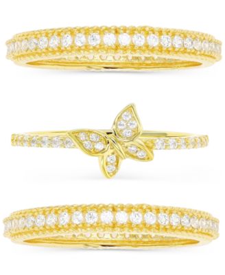 Macy's - 3-Pc. Set Cubic Zirconia Butterfly Motif Stack Rings in 14k Gold-Plated Sterling Silver