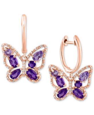 LALI Jewels - Amethyst (1-1/2 ct. t.w.), Pink Amethyst (5/8 ct. t.w.) & Diamond (1/5 ct. t.w.) Butterfly Earrings in 14k Rose Gold