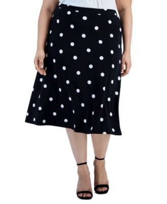 Kasper - Plus Size Polka Dot-Print Midi Flared-Hem Skirt