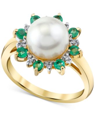Macy's - Cultured Freshwater Pearl (9mm), Emerald (1/2 ct. t.w.) & Diamond Accent Statement Ring in 10k Gold