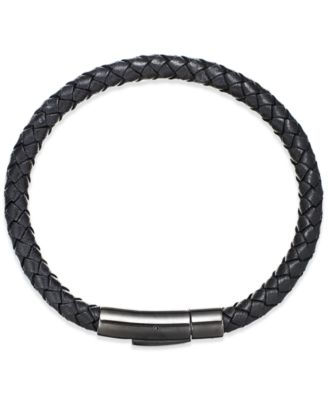 Macy's - Men's Woven Leather Bracelet in Stainless Steel
