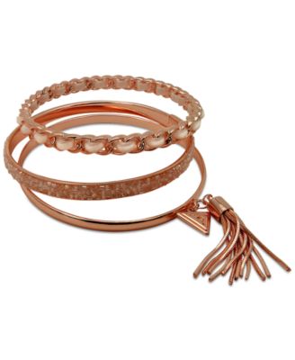 GUESS - Gold-Tone 3-Pc. Set Black Bead & Faux Suede Bangle Bracelets