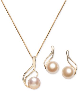 Macy's - 2-Pc. Set Cultured Freshwater Pearl (7mm) Swirl Pendant Necklace & Matching Stud Earrings Set in 18k Gold-Plated Sterling Silver
