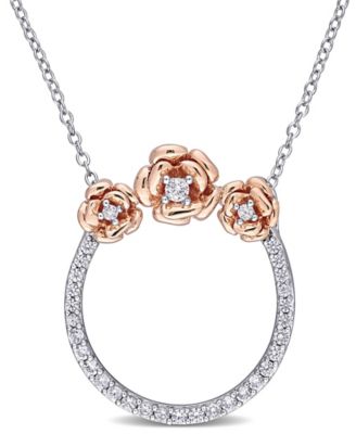 Macy's - Created White Sapphire (3/5 ct. t.w.) Rose Floral Open Circle Necklace in Two-Tone Sterling Silver