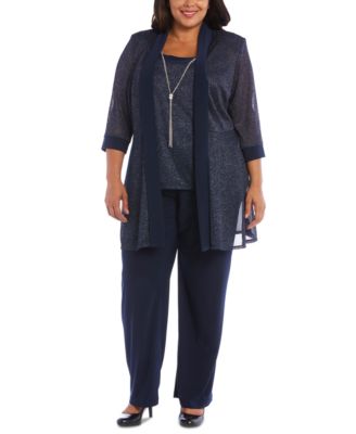 R & M Richards - Plus Size 3-Pc. Metallic Jacket, Metallic Necklace Top & Pants Set