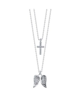 Unwritten - Fine Silver Plated Cubic Zirconia Cross and Angel Wings Layer Pendant Necklaces