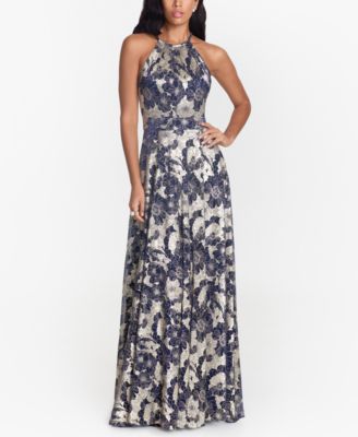 Betsy & Adam - Metallic Floral Halter Gown