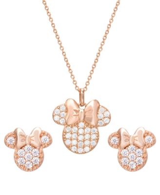 Disney - 2-Pc. Set Cubic Zirconia Pav&eacute; Minnie Mouse Pendant Necklace & Matching Stud Earrings in 18k Rose Gold-Plated Sterling Silver